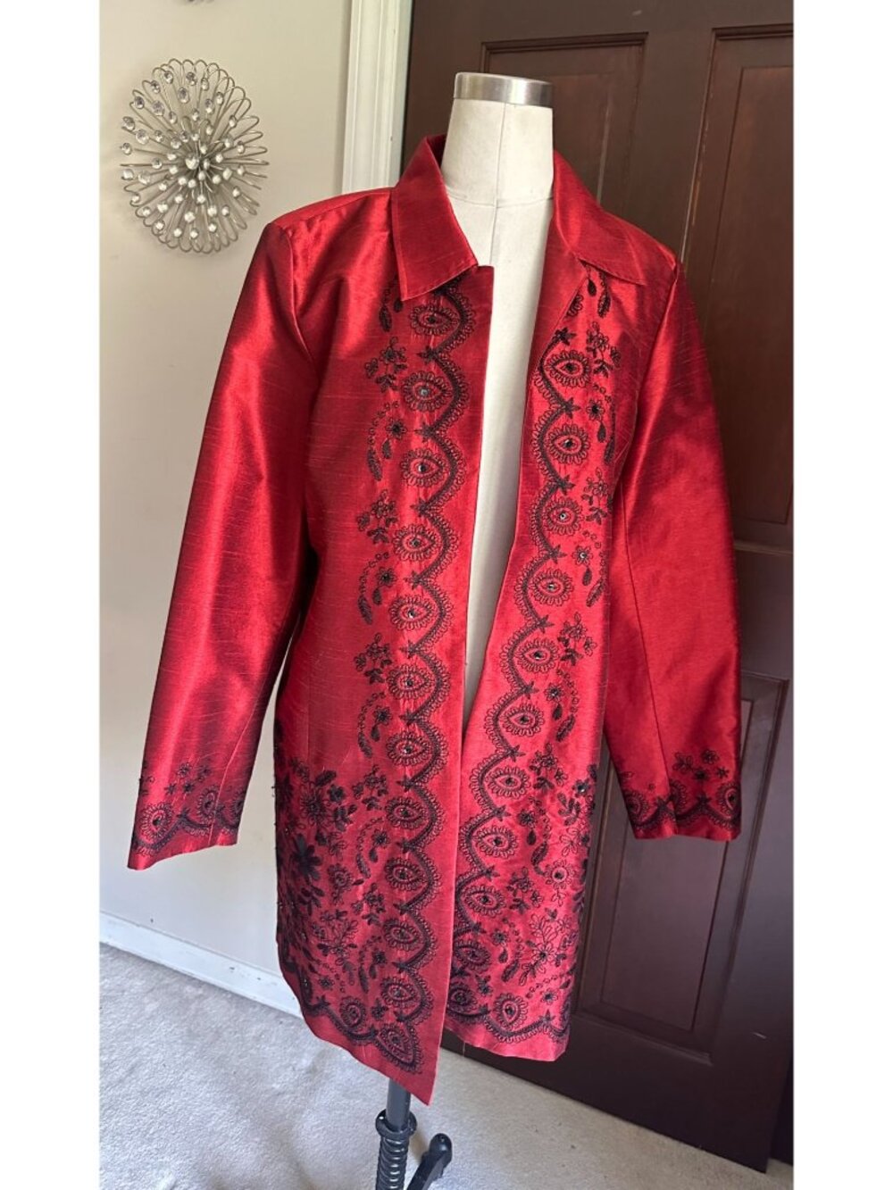Silk Land deep red fully embroidered and beaded open front coat jacket with coll